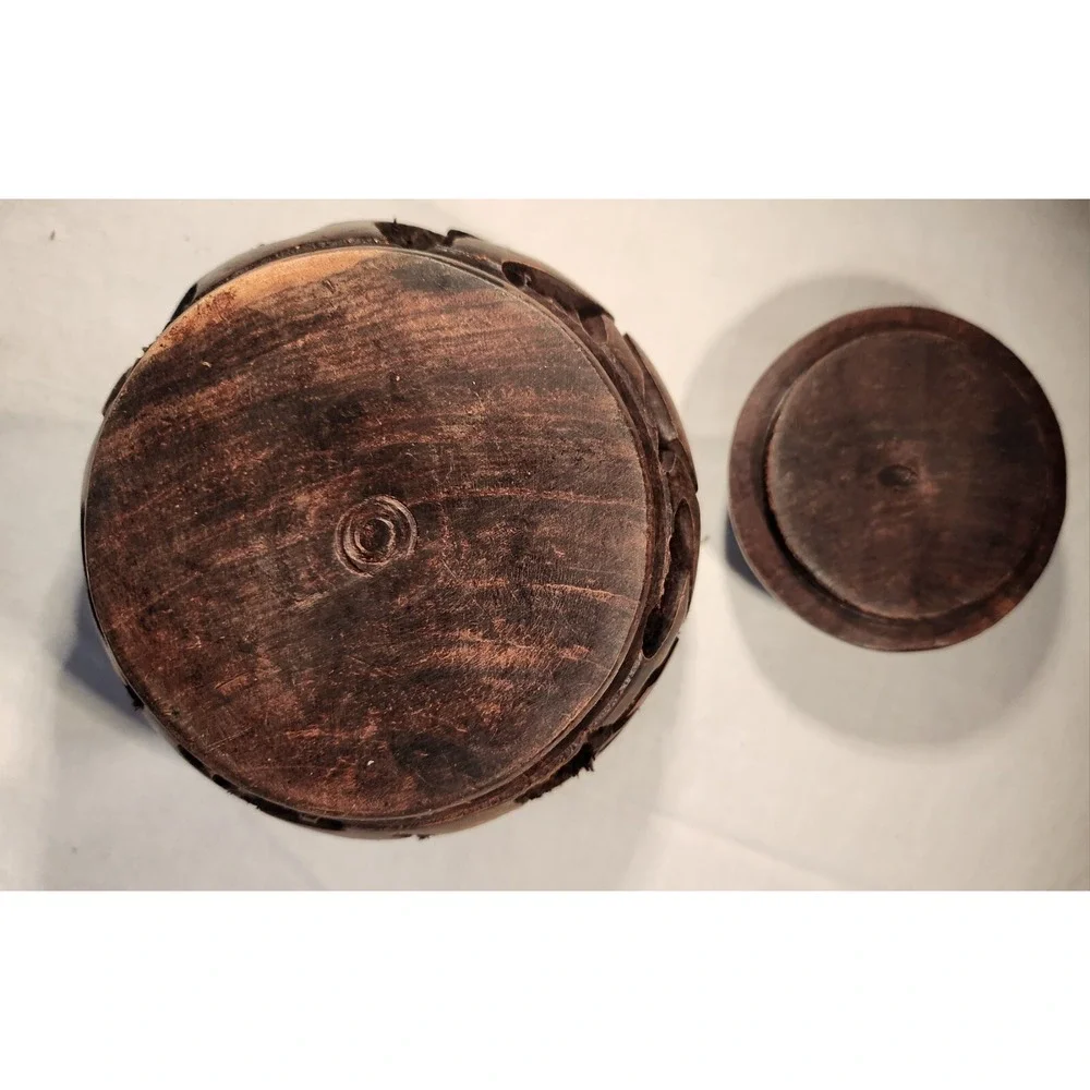 Vintage African Wooden Spice Jar Round Handmade Elephants Approx. 3